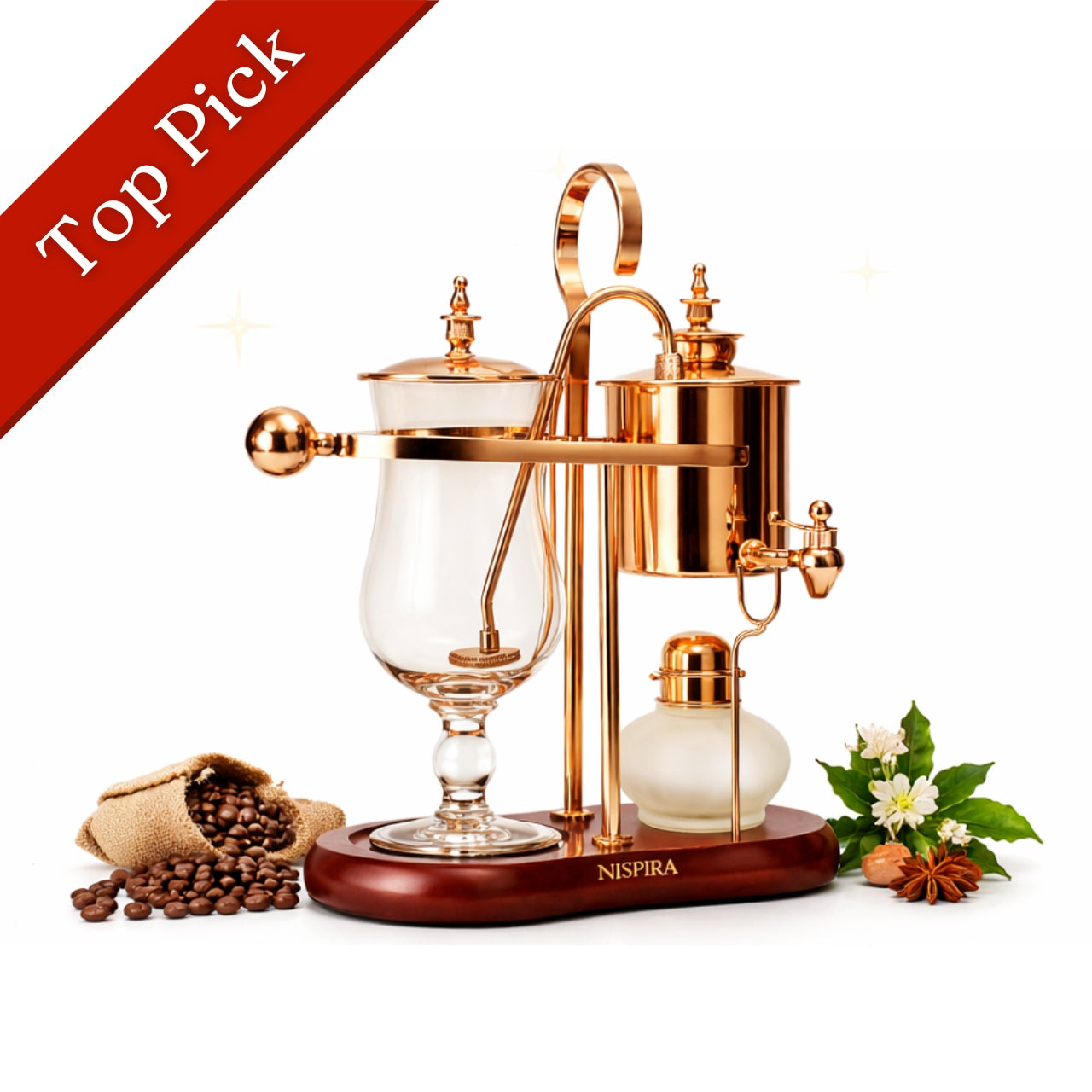 Nispira Vintage Belgian Syphon Coffee Maker – Copper Vacuum Coffee Brewer with Alcohol Burner, Tabletop Manual Coffee Maker