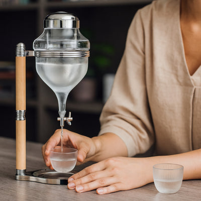 Nispira Ice Sake Wine Whisky Dispenser | Jug Cooler Decanter with Wooden Handle Borosilicate Glass Valve Opening