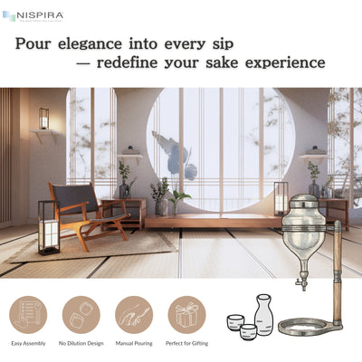 Nispira Ice Sake Wine Whisky Dispenser | Jug Cooler Decanter with Wooden Handle Borosilicate Glass Valve Opening