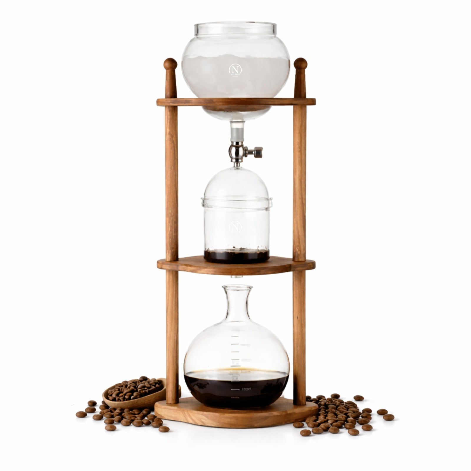 Nispira Cold Brew Coffee Maker – Slow Drip Ice Coffee Tower with Borosilicate Glass and Wooden Stand (6–8 Cup)