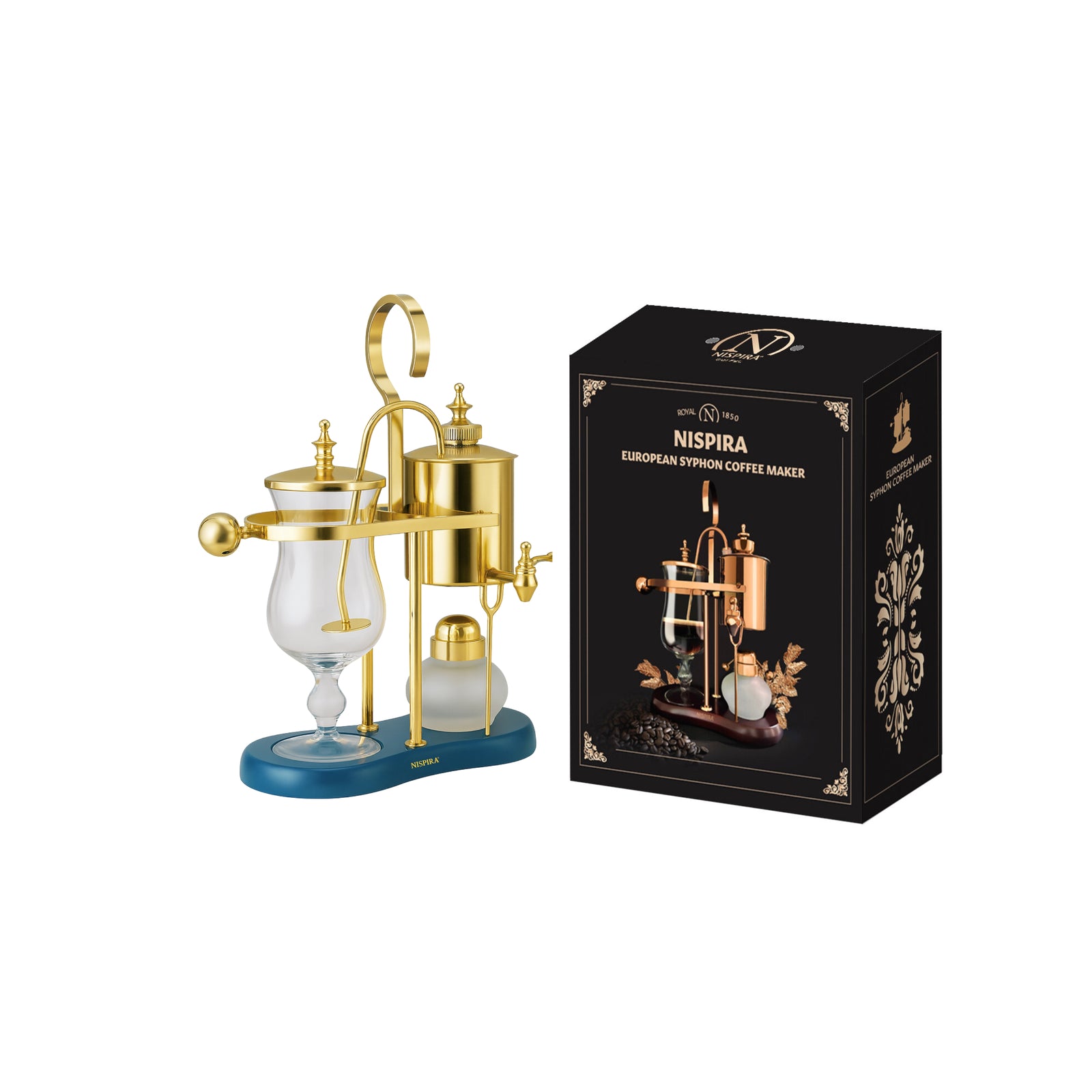 Nispira Vintage Belgium Belgian Royal Balance Syphon Siphon Coffee Maker, Gold with Peacock Blue Base