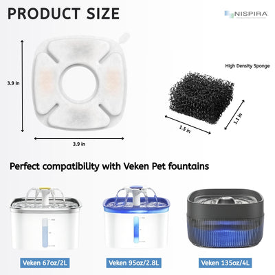 NISPIRA Triple Filtration Charcoal Water Filter Set Replacements Compatible with Veken 67oz, 95oz, 135oz Automatic Stainless Steal Cat Water Fountain, Dog Water Fountain Dispenser