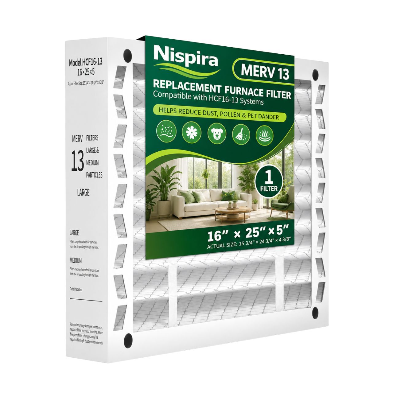 Nispira 16x25x5 MERV 13 Furnace Filter, Compatible with HCF16-13 & 6670 Systems