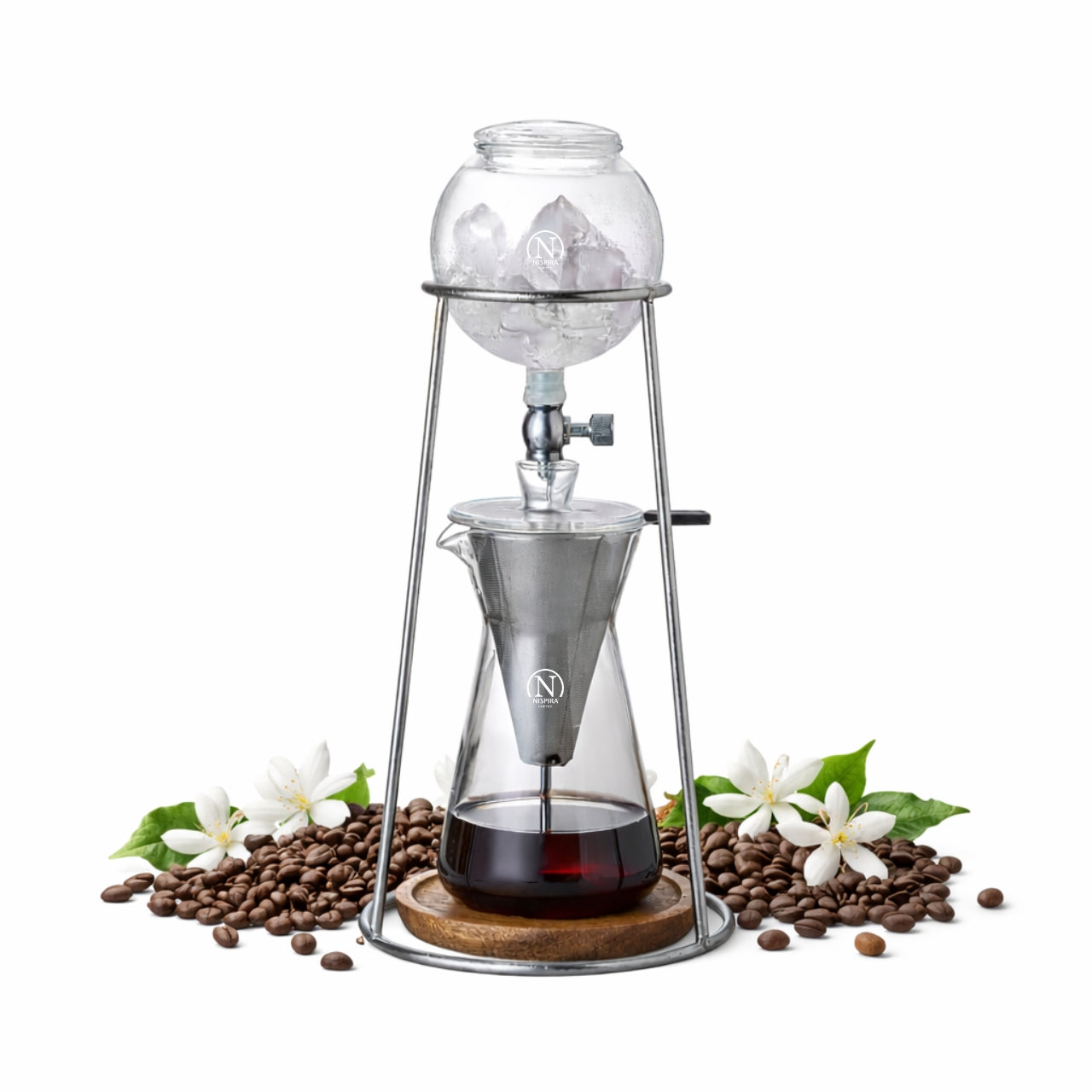 Nispira Iced Coffee Cold Brew Drip Coffee Maker Mini Tower – 400 mL Borosilicate Glass with Stainless Steel Stand
