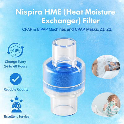 Nispira HME Heat Moisture Exchange Filter In-Line Humidification Solution Unit for CPAP biPAP Machine & Mask, Z1, Z2, Dreamstation