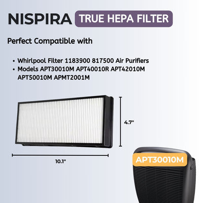 Nispira 1183900 True HEPA Filter Replacement for Whirlpool Air Purifier Model APT30010M, APT40010R, APT42010M, APT50010M, APMT2001M