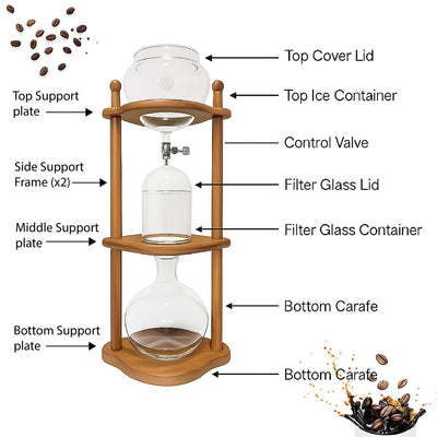 Nispira Cold Brew coffee Maker Ice Coffee Drip Machine with Advanced Slow Drip Technology Borosilicate Glass with Wood Tower, 6-8 Cup, Brown